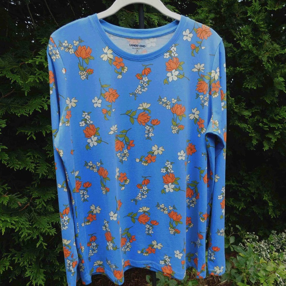 Lands' End Pretty Floral Print Relaxed Fit Cotton Tee NWOT